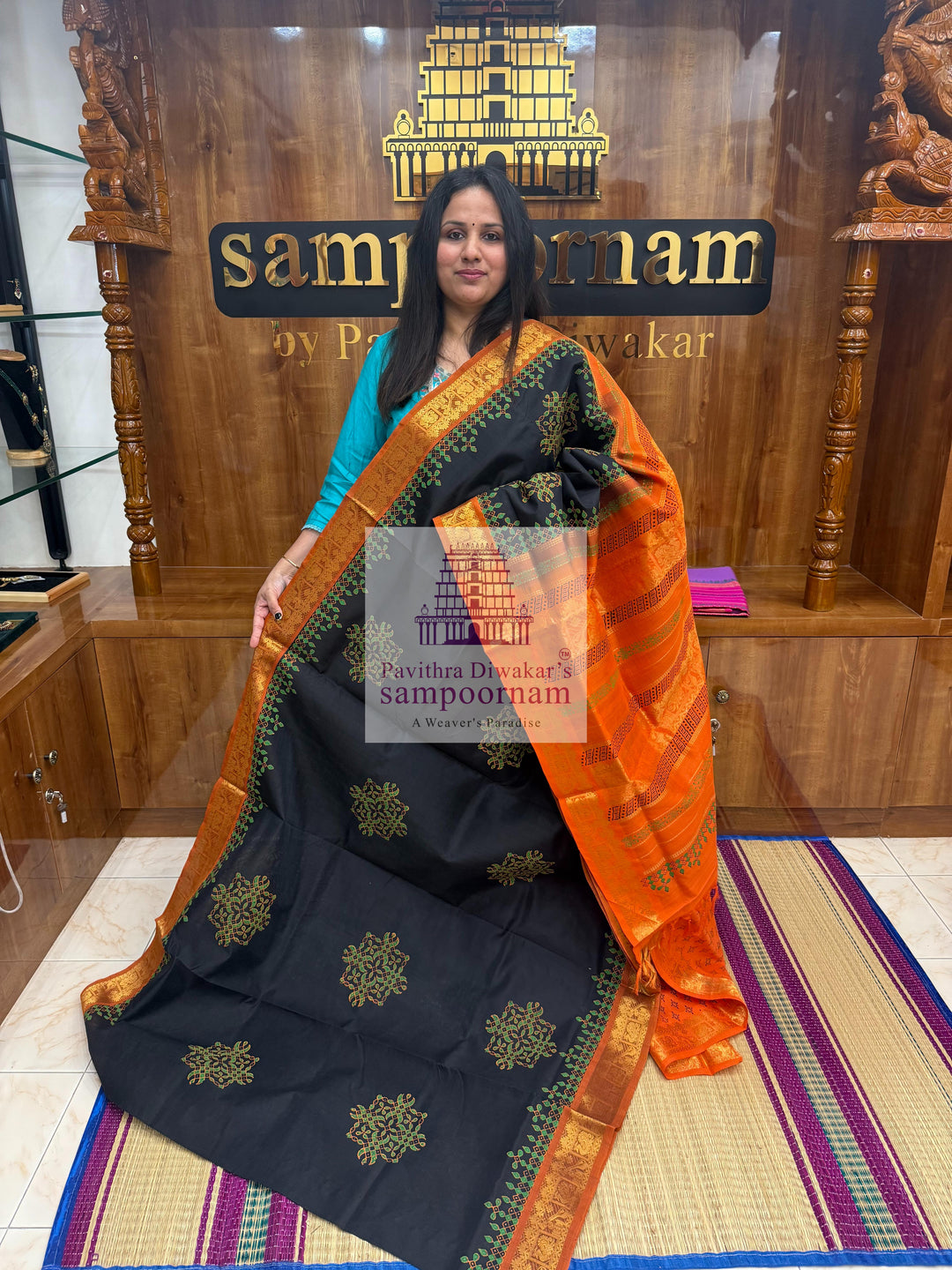 Black with Orange  , Kolam Handblock printed Sillk Cotton Saree