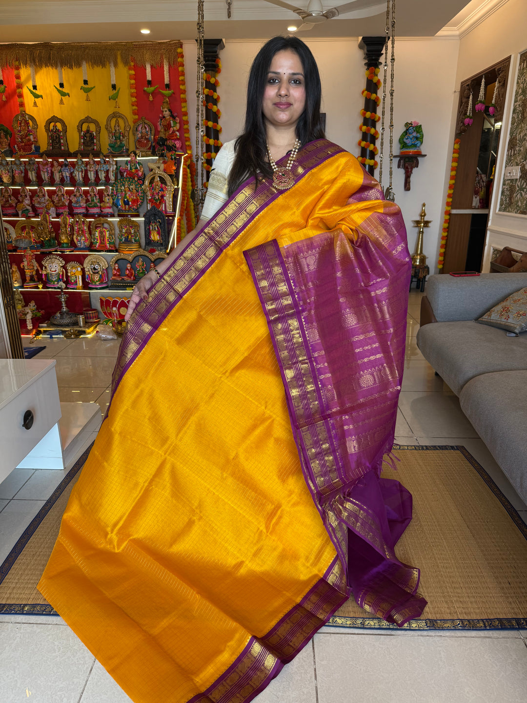 Mambazha Manjal with Purple , rich Zari checks in the body ,rettapet border and grand Pallu Korvai Silk Cotton Sareeb
