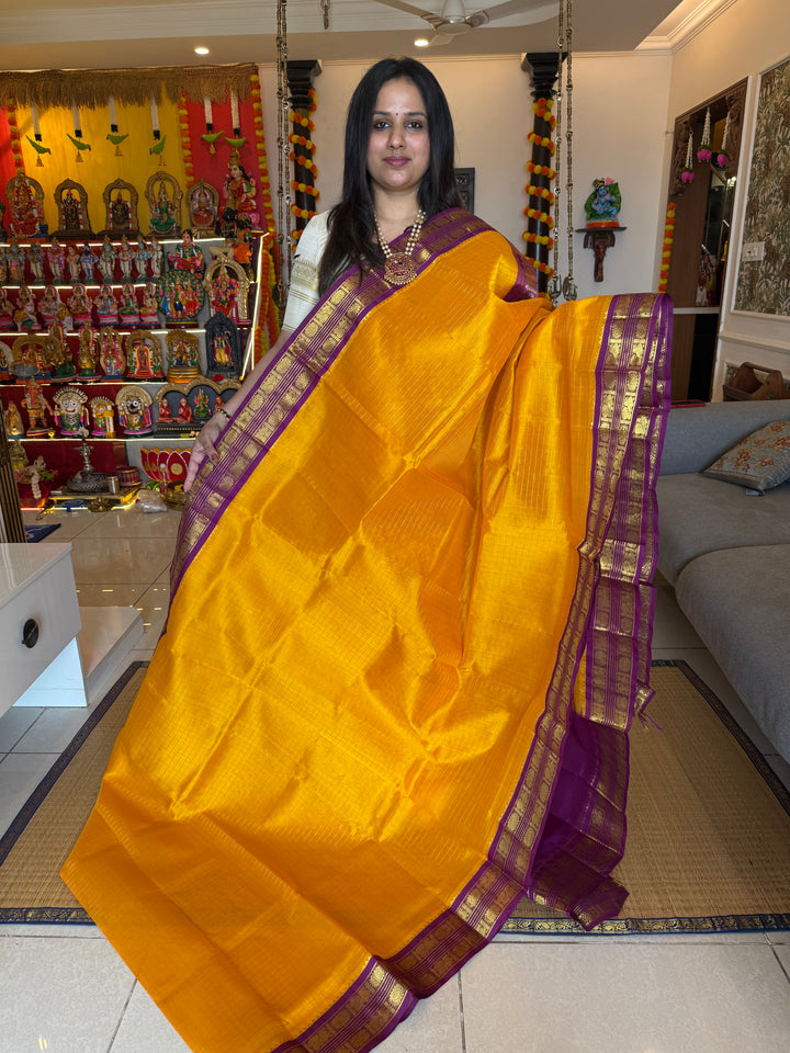Mambazha Manjal with Purple , rich Zari checks in the body ,rettapet border and grand Pallu Korvai Silk Cotton Sareeb