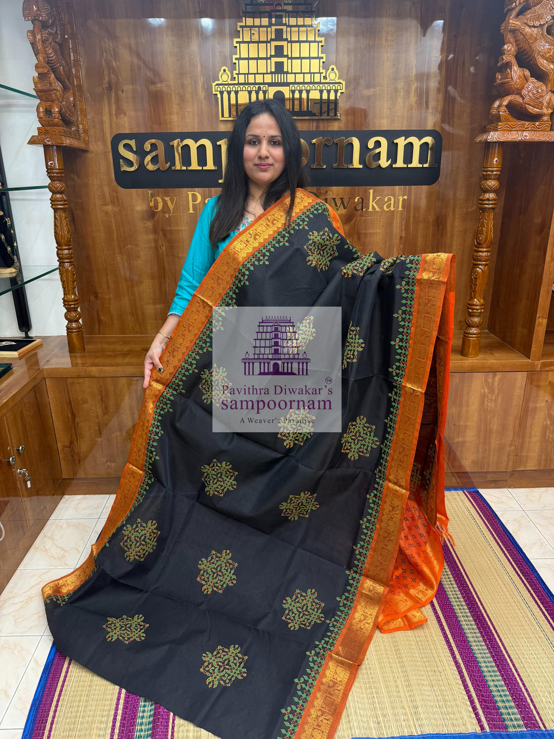 Black with Orange  , Kolam Handblock printed Sillk Cotton Saree