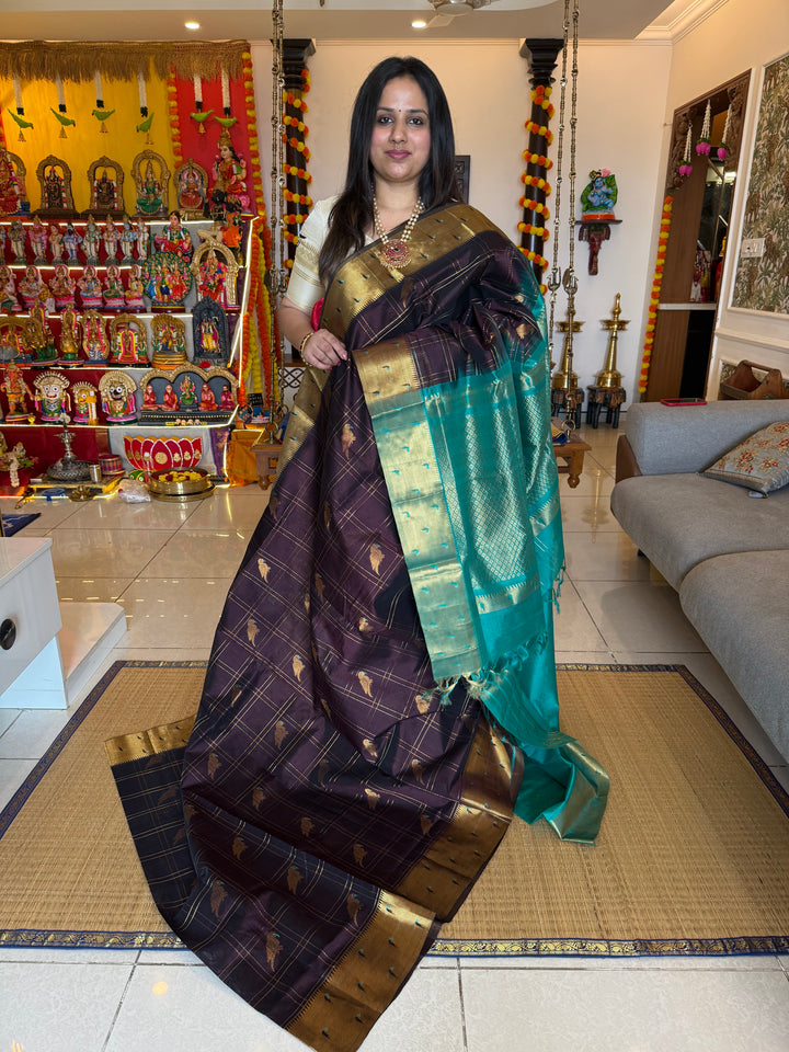 Brown with Turquoise Blue , Paithani borders , parrot motifs in the body , rich Pallu Korvai Silk Cotton Saree
