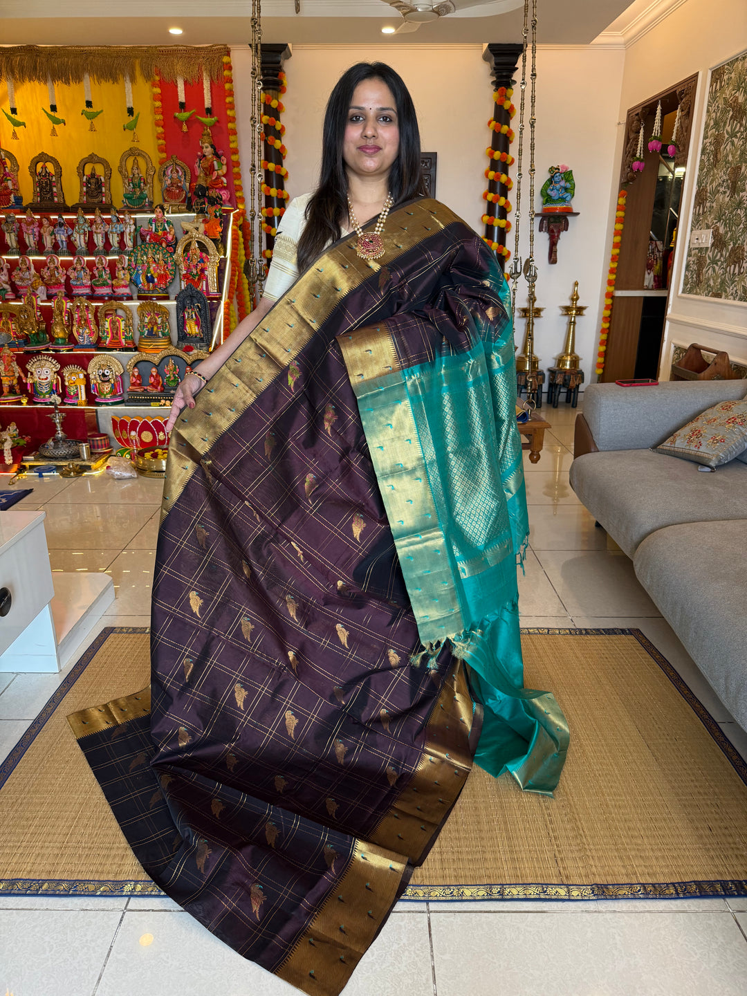 Brown with Turquoise Blue , Paithani borders , parrot motifs in the body , rich Pallu Korvai Silk Cotton Saree