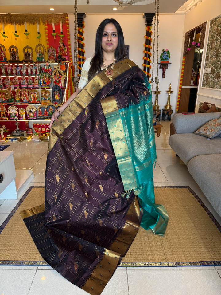 Brown with Turquoise Blue , Paithani borders , parrot motifs in the body , rich Pallu Korvai Silk Cotton Saree