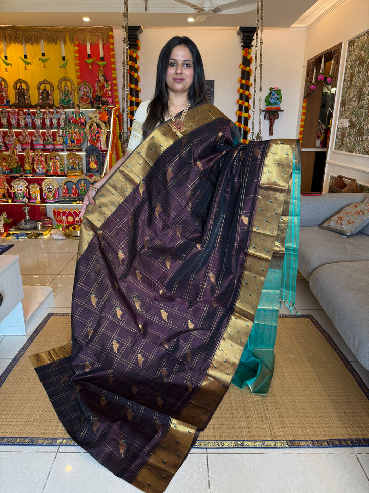 Brown with Turquoise Blue , Paithani borders , parrot motifs in the body , rich Pallu Korvai Silk Cotton Saree