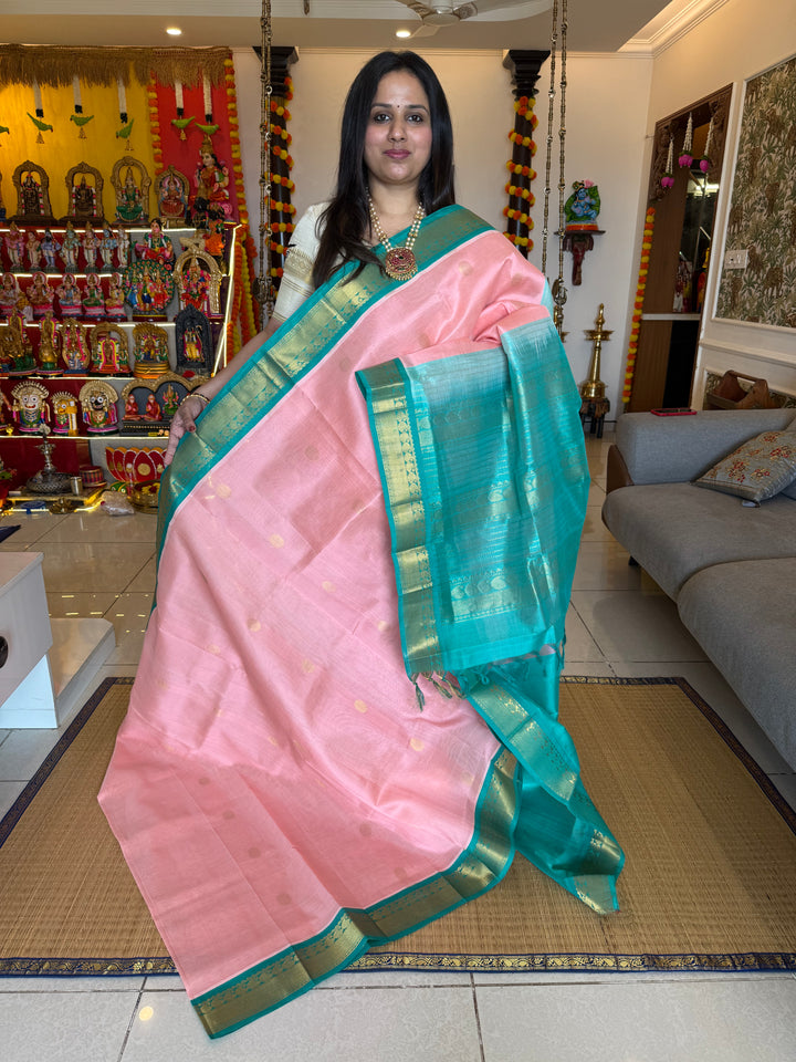 Baby Pink with Turquoise Blue rich body butta , traditional borders and rich  Pallu Korvai Silk Cotton Saree
