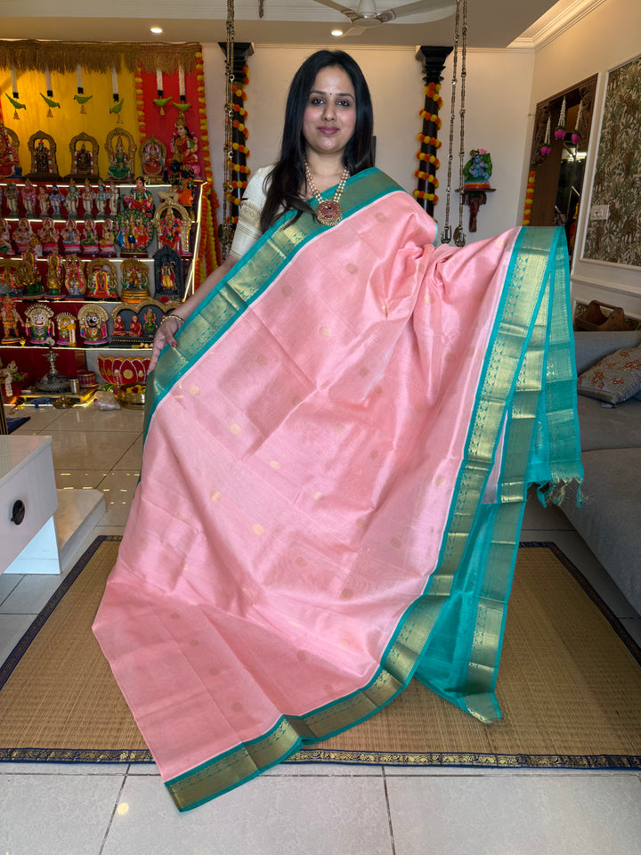 Baby Pink with Turquoise Blue rich body butta , traditional borders and rich  Pallu Korvai Silk Cotton Saree