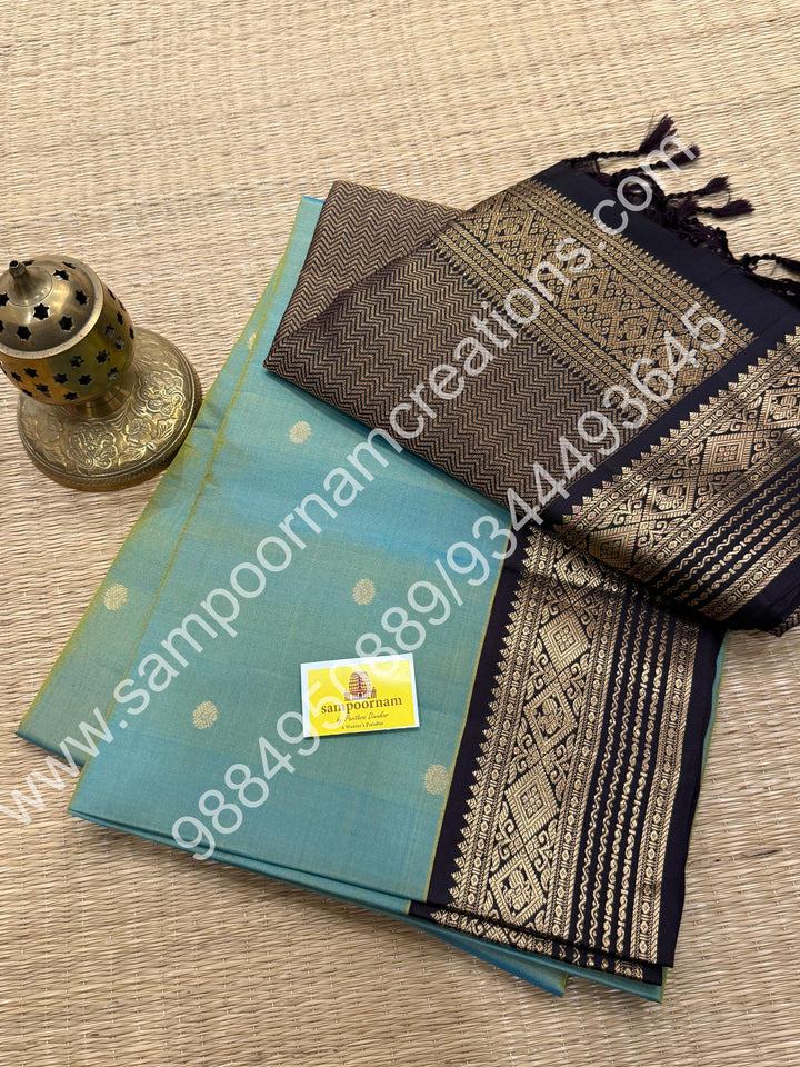 Double Shaded Blueish Green with Brown, Small Zari Butta in the Body, Small Kanchi Border and Grand Pallu , Pure Soft Silk Saree