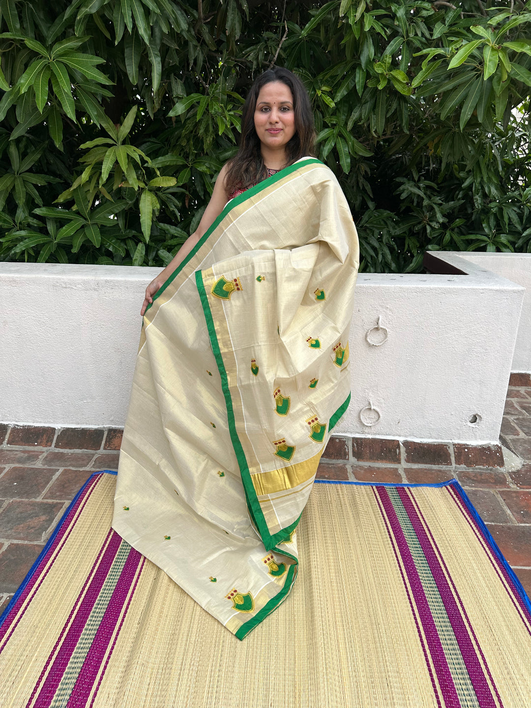 Kerala Tissue Saree With Green Palakka Embroidery Motif with Green Piping in the Border