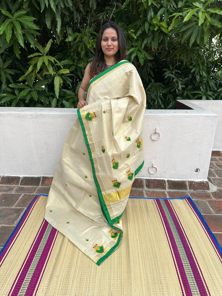 Kerala Tissue Saree With Green Palakka Embroidery Motif with Green Piping in the Border