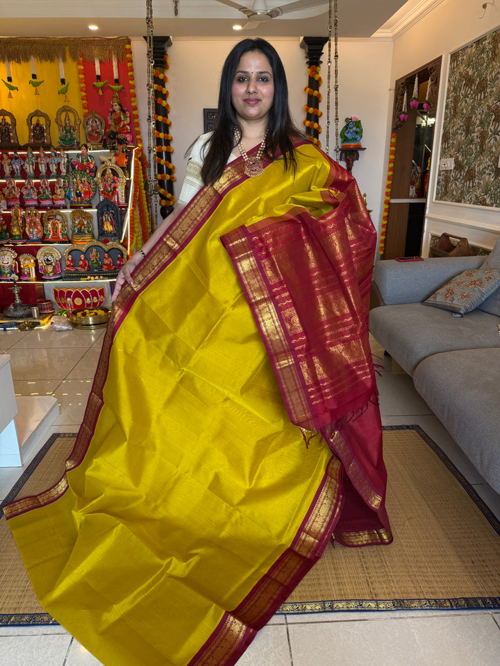 Dark Yellow with Red , traditional borders and rich  Pallu Korvai Silk Cotton Saree