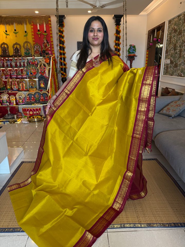 Dark Yellow with Red , traditional borders and rich  Pallu Korvai Silk Cotton Saree