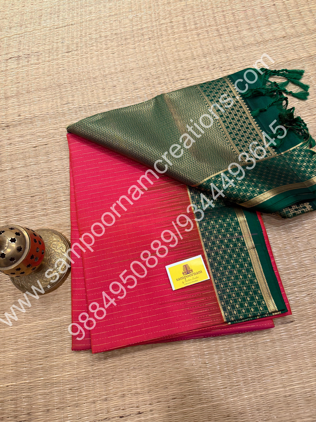 Dark Pinkish Red with Green, Zari Rain Drop design in the Body and Small Zari Kanchi Border and Grand Pallu , Pure Soft Silk Saree