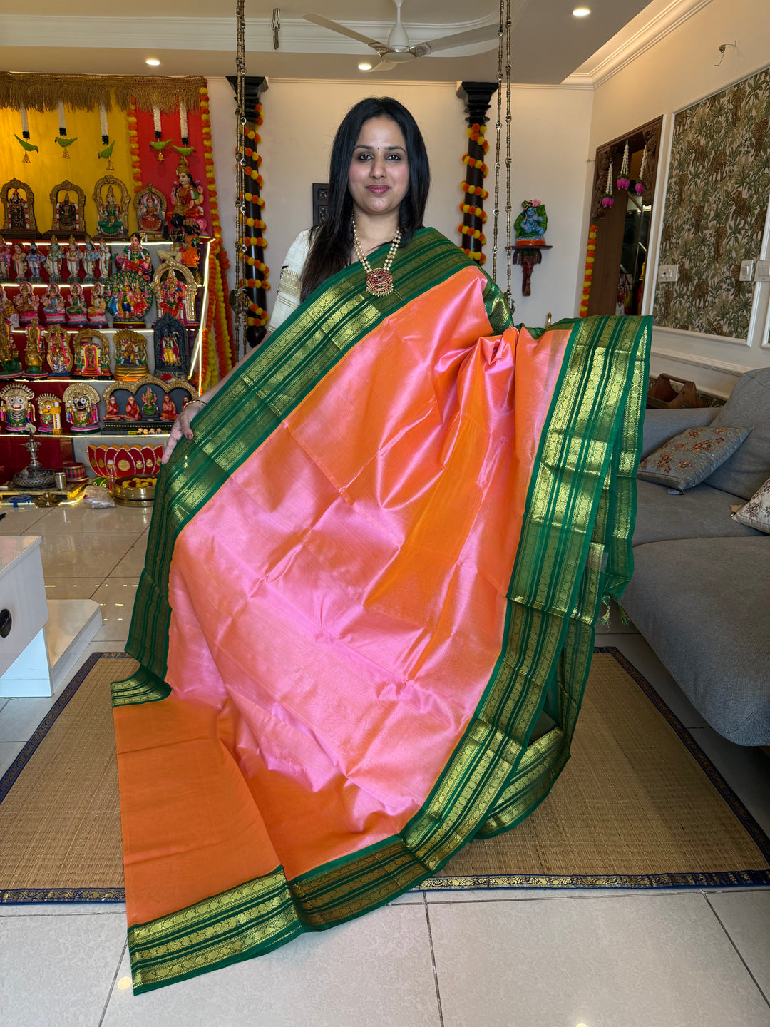 Pink with Green , rich Kanchi borders and grand  Pallu Korvai Silk Cotton Saree