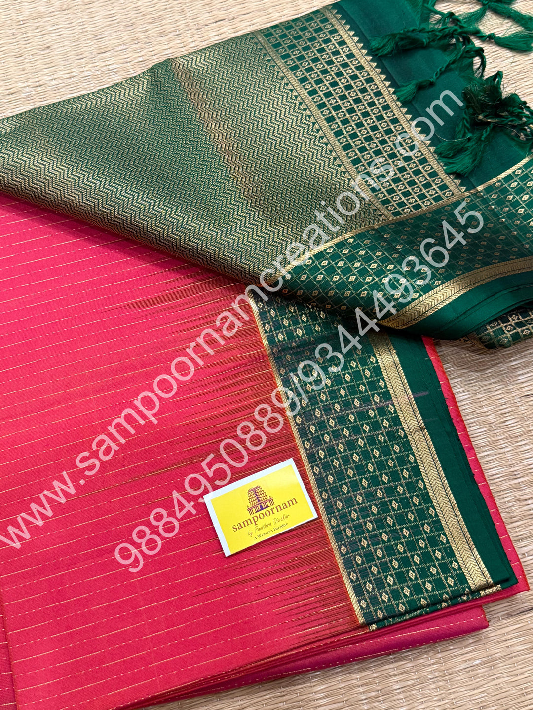 Dark Pinkish Red with Green, Zari Rain Drop design in the Body and Small Zari Kanchi Border and Grand Pallu , Pure Soft Silk Saree