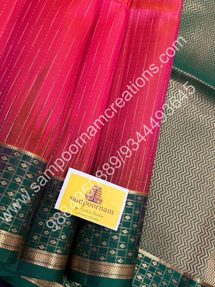 Dark Pinkish Red with Green, Zari Rain Drop design in the Body and Small Zari Kanchi Border and Grand Pallu , Pure Soft Silk Saree