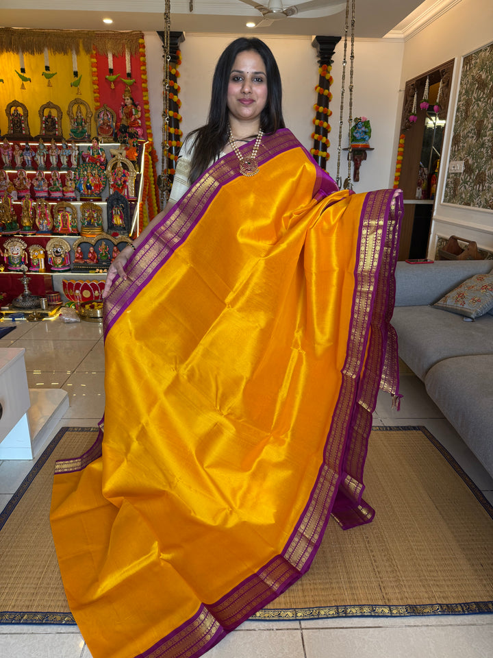 Mambazha Manjal with Purple , traditional borders and , rich Pallu Korvai Silk Cotton Saree