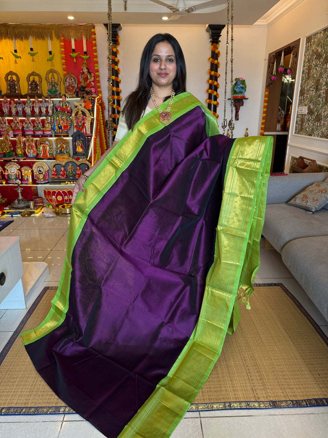 Brinjal Purple with Light Green rich Kanchi one side big border and grand Pallu Korvai Silk Cotton Saree