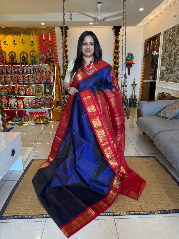 Royal Blue with Red  Vairaoosi Zari Lines in the body traditional borders and rich pallu korvai silk cotton saree
