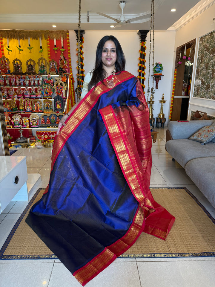 Royal Blue with Red  Vairaoosi Zari Lines in the body traditional borders and rich pallu korvai silk cotton saree