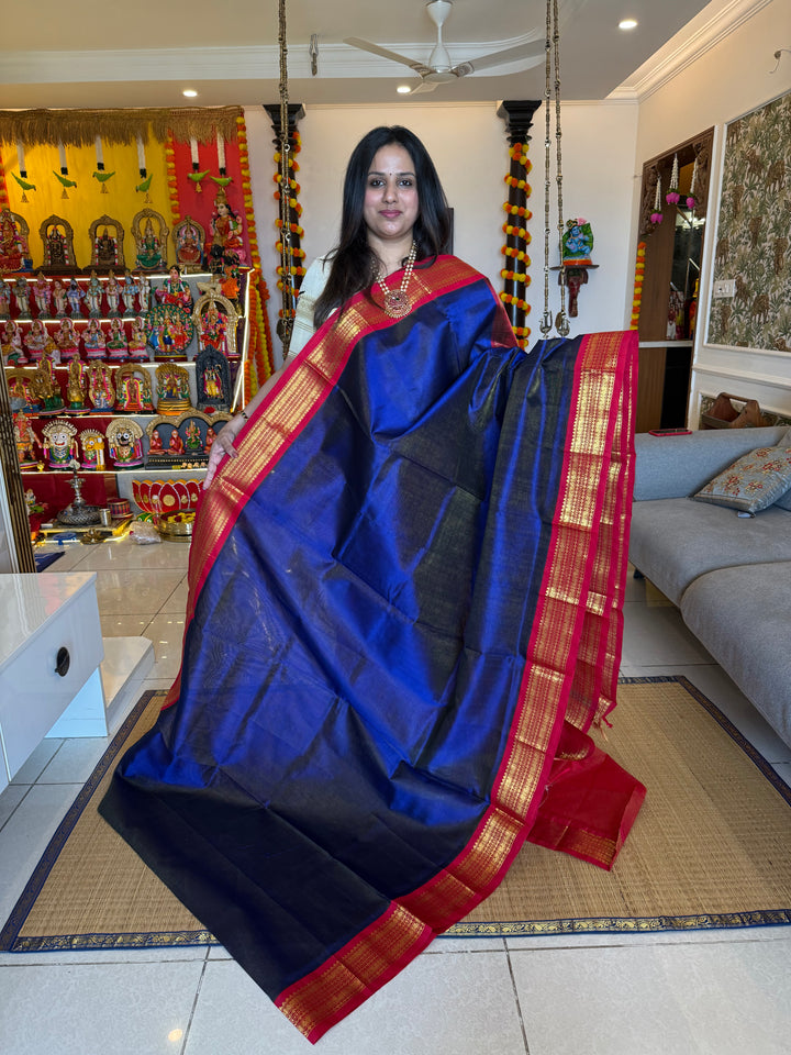 Royal Blue with Red  Vairaoosi Zari Lines in the body traditional borders and rich pallu korvai silk cotton saree