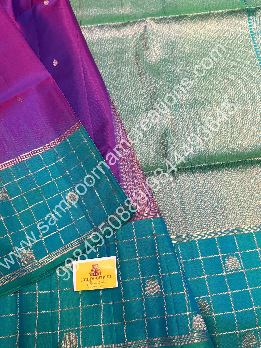 Deep Purple with Turquoise Blue,Rettapet Traditional Checks Zari Border with Butta, Grand Pallu , Pure Soft Silk Saree