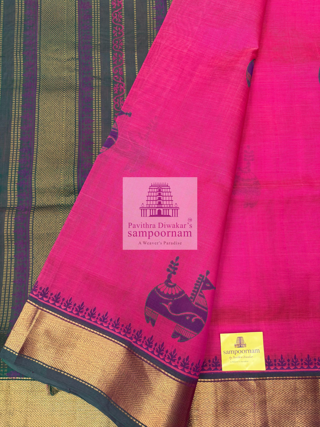 Pink with Green  ,Terracotta Horse Handblock printed Sillk Cotton Saree