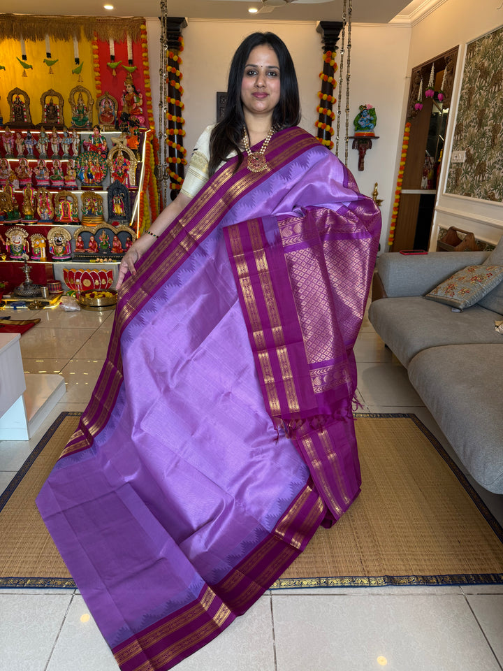 Lavender with Magenta , rettapet temple border , rich Pallu Korvai Silk Cotton Saree