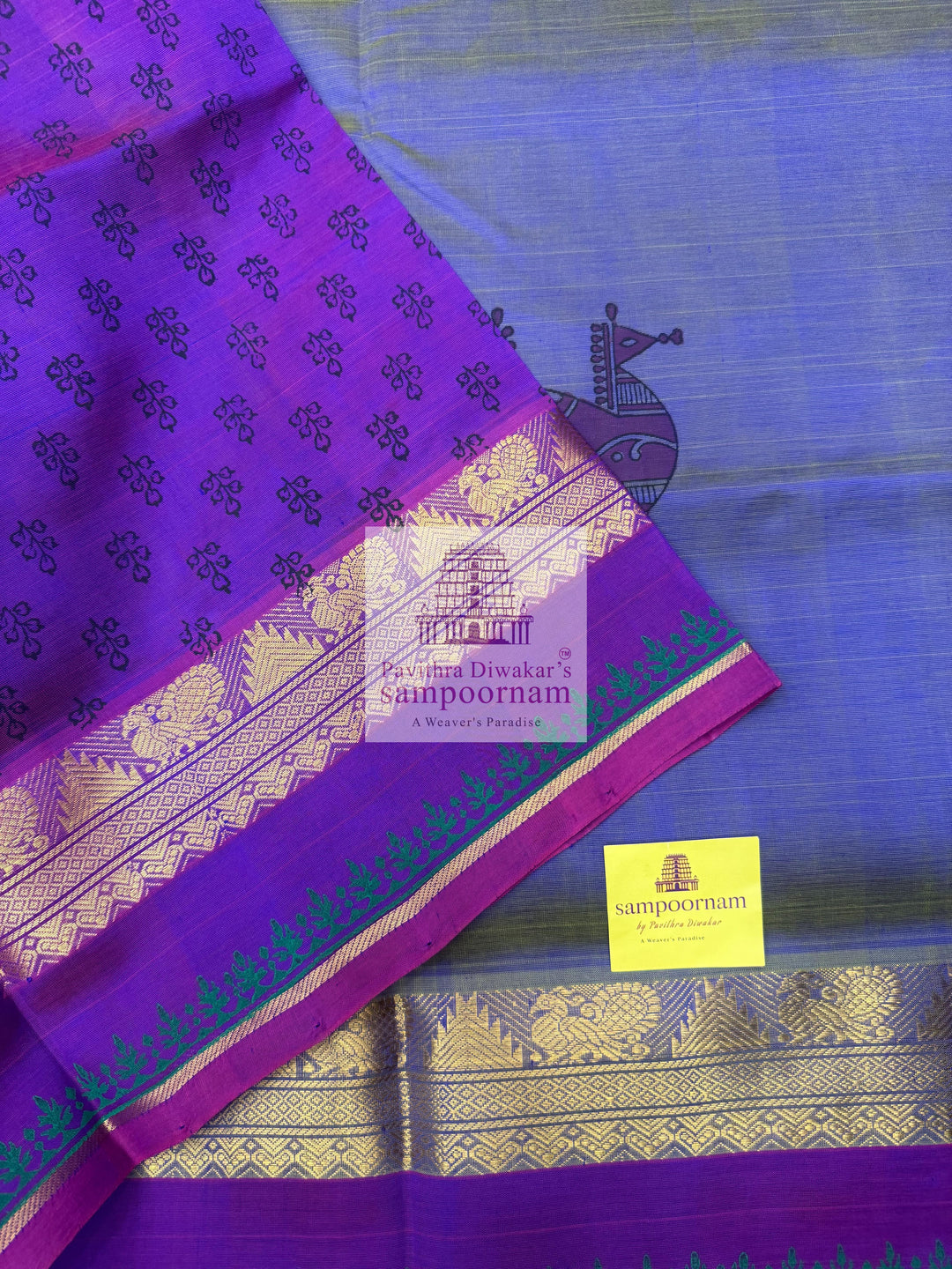 Double Shaded Lavender with Purple ,Terracotta Horse Handblock printed Sillk Cotton Saree