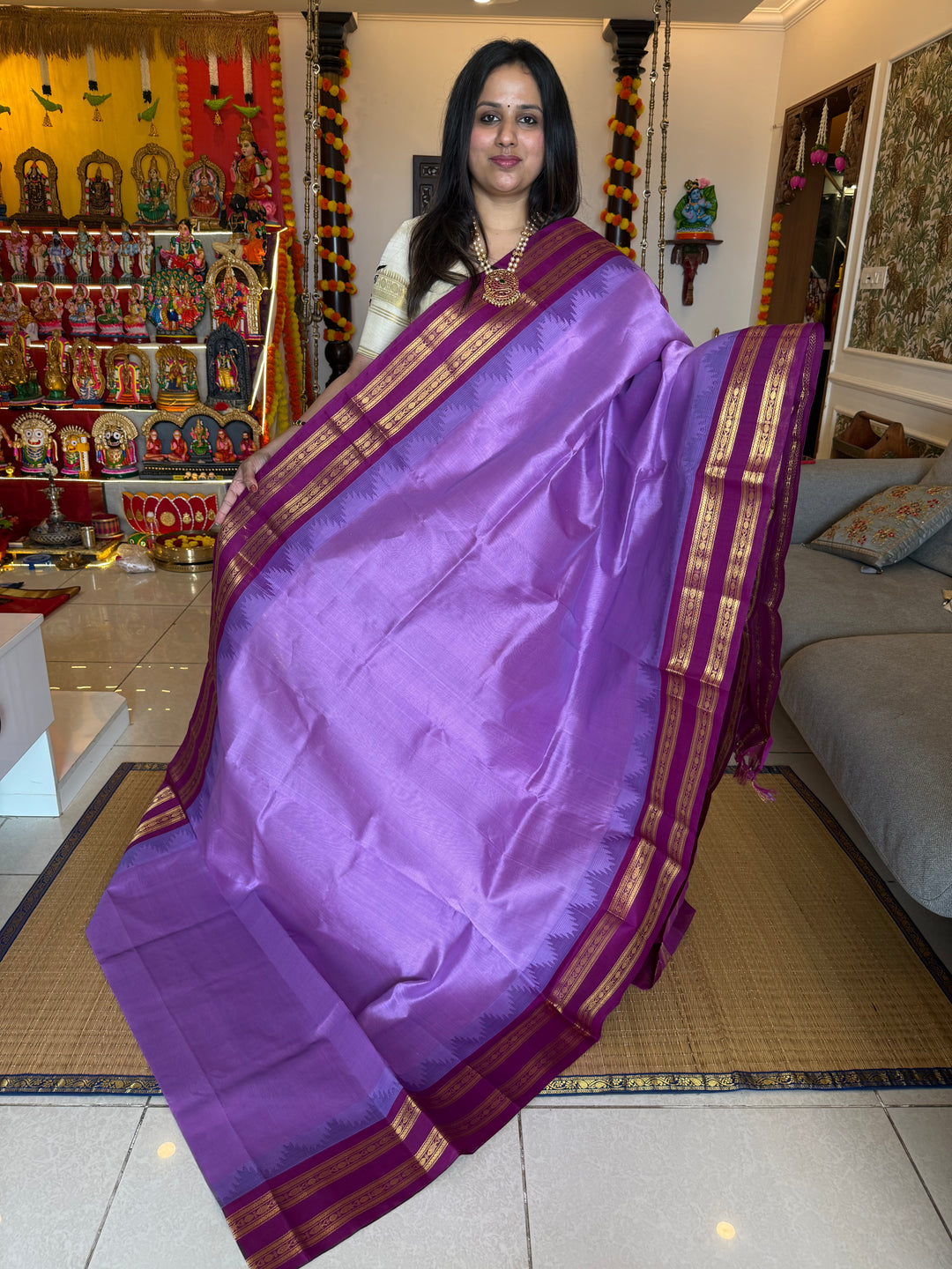 Lavender with Magenta , rettapet temple border , rich Pallu Korvai Silk Cotton Saree