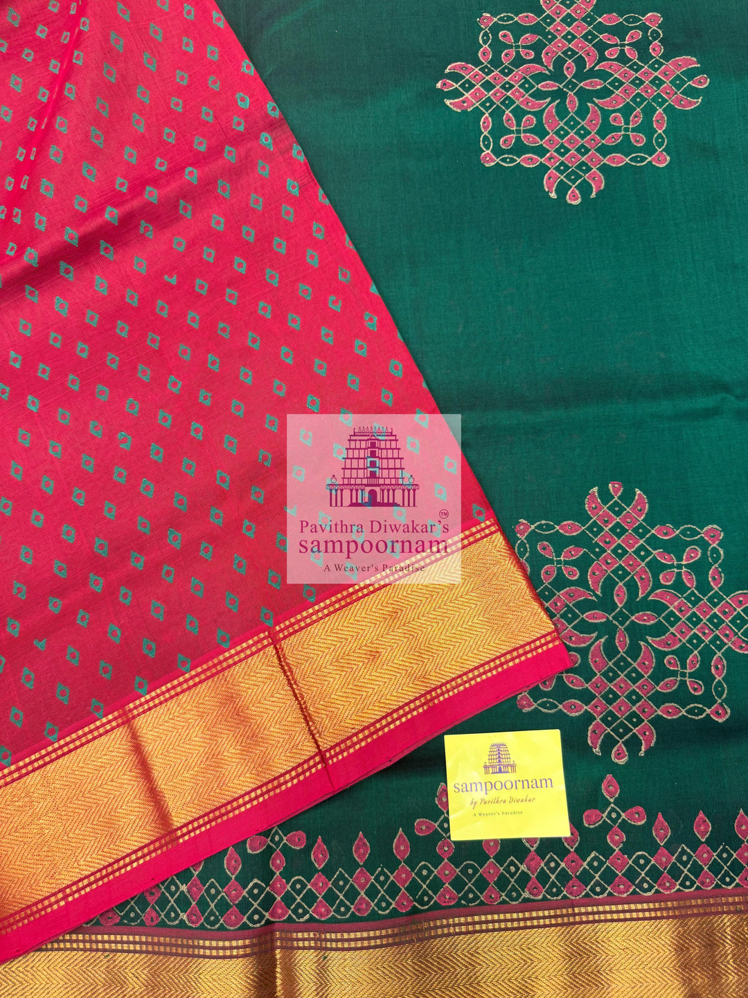 Traditional Green with Red  , Kolam   Handblock printed Sillk Cotton Saree