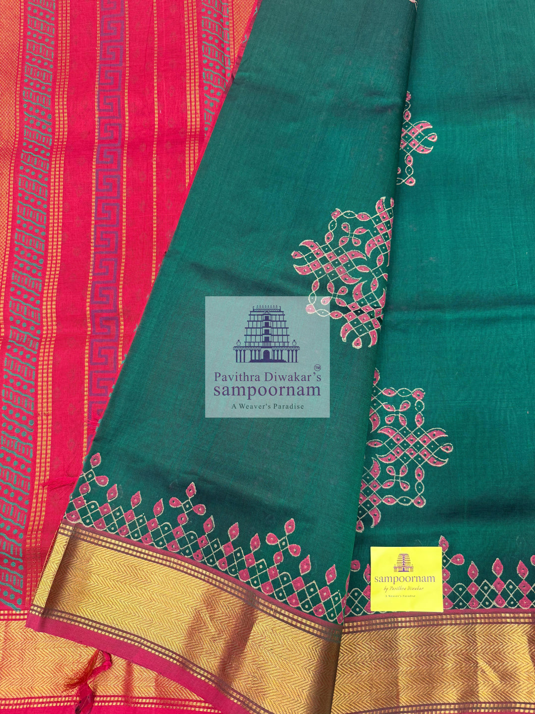 Traditional Green with Red  , Kolam   Handblock printed Sillk Cotton Saree