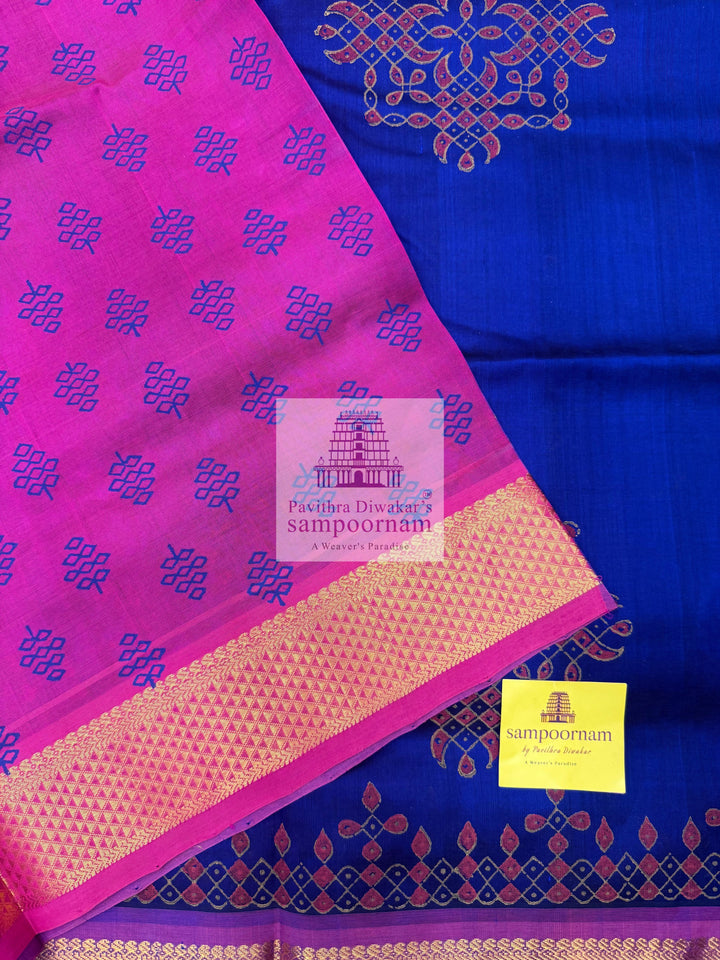 Dark Blue with Pink  , Kolam Handblock printed Sillk Cotton Saree