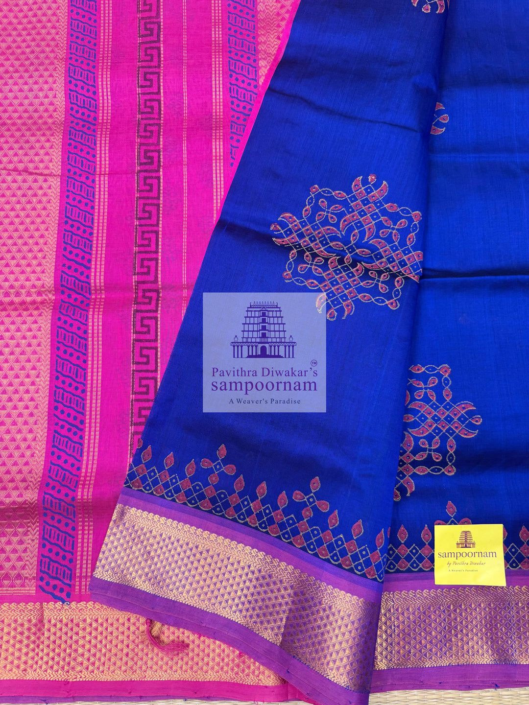 Dark Blue with Pink  , Kolam Handblock printed Sillk Cotton Saree