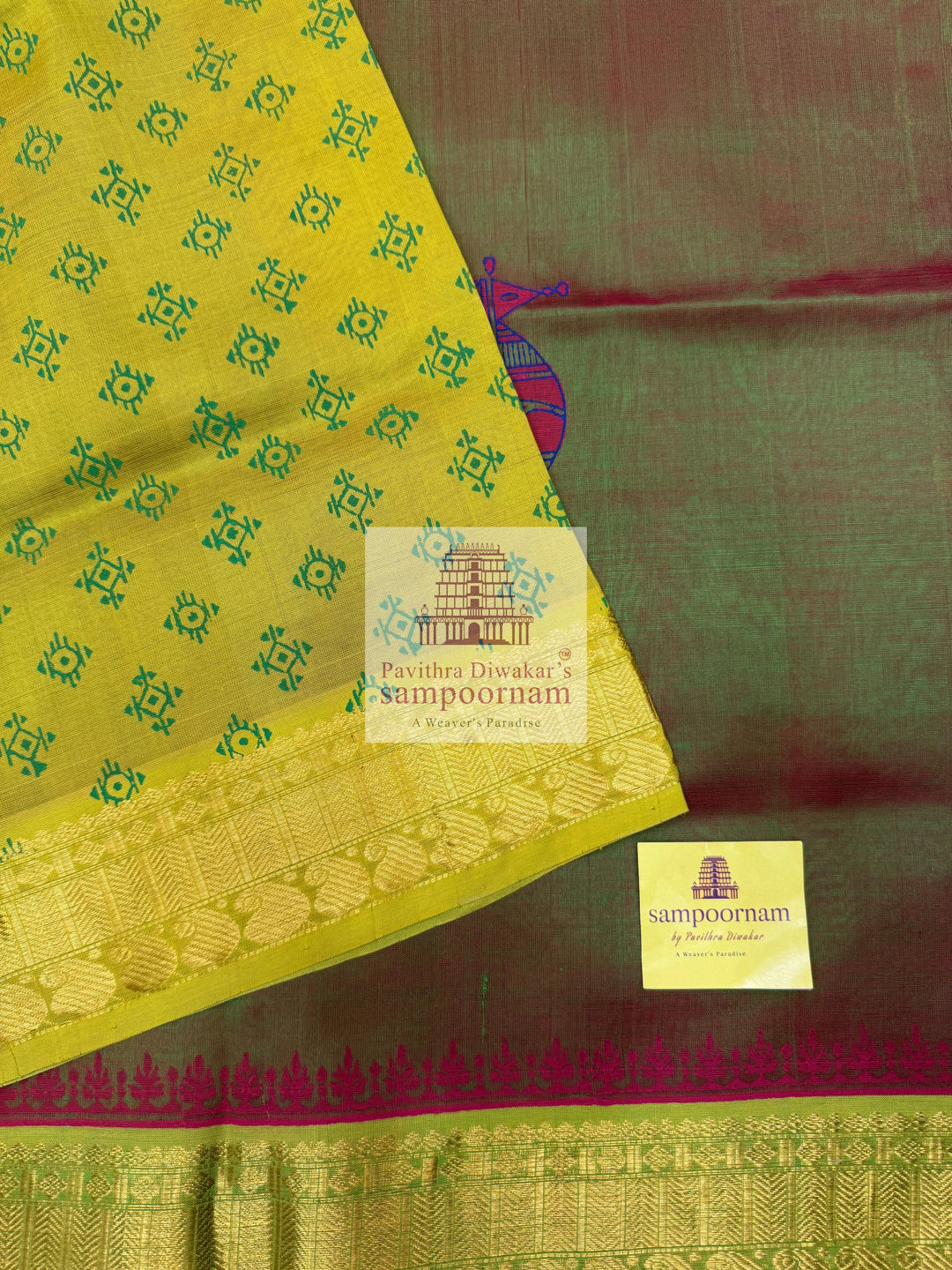 Manthulir Green with Lemon Yellow , Zari butta in the body and Terracotta Horse Handblock printed Sillk Cotton Saree