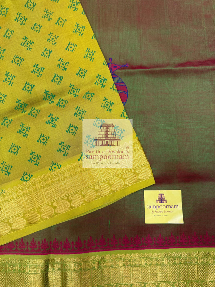 Manthulir Green with Lemon Yellow , Zari butta in the body and Terracotta Horse Handblock printed Sillk Cotton Saree
