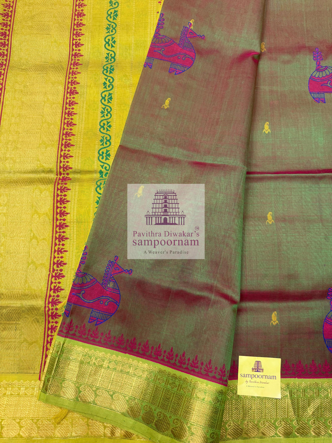 Manthulir Green with Lemon Yellow , Zari butta in the body and Terracotta Horse Handblock printed Sillk Cotton Saree