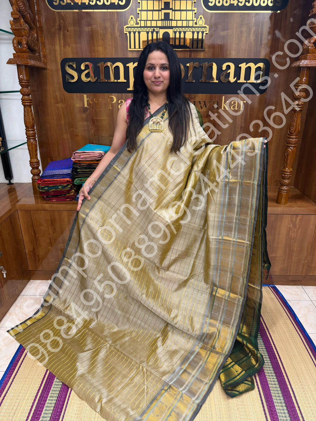 Beige  with Green , Veldhari Zari Lines in the Body , Traditional Kanchi border , Rich Pallu , Pure Silk Cotton Saree