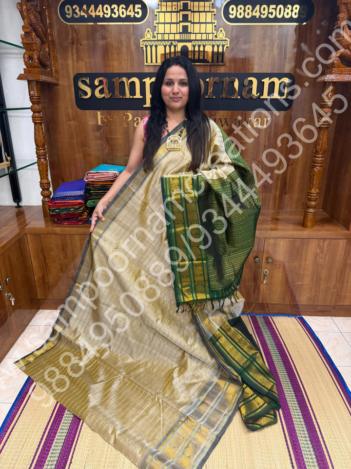 Beige  with Green , Veldhari Zari Lines in the Body , Traditional Kanchi border , Rich Pallu , Pure Silk Cotton Saree