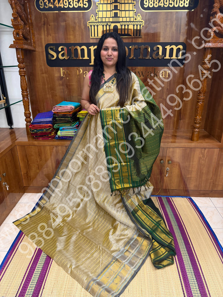 Beige  with Green , Veldhari Zari Lines in the Body , Traditional Kanchi border , Rich Pallu , Pure Silk Cotton Saree