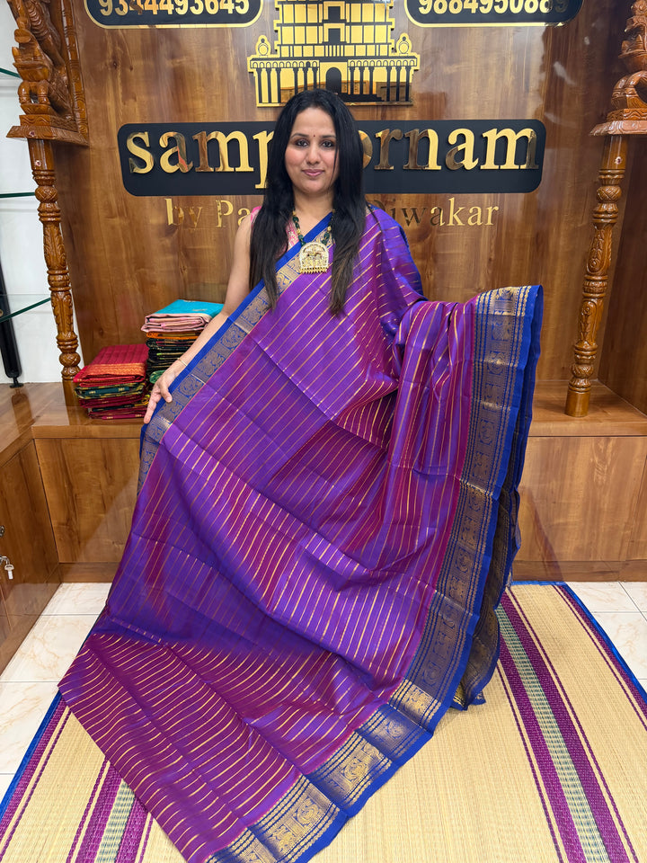 Double Shaded Vadamalli with Blue , Veldhari Zari Lines in the Body , Traditional Kanchi border , Rich Pallu , Pure Silk Cotton Saree