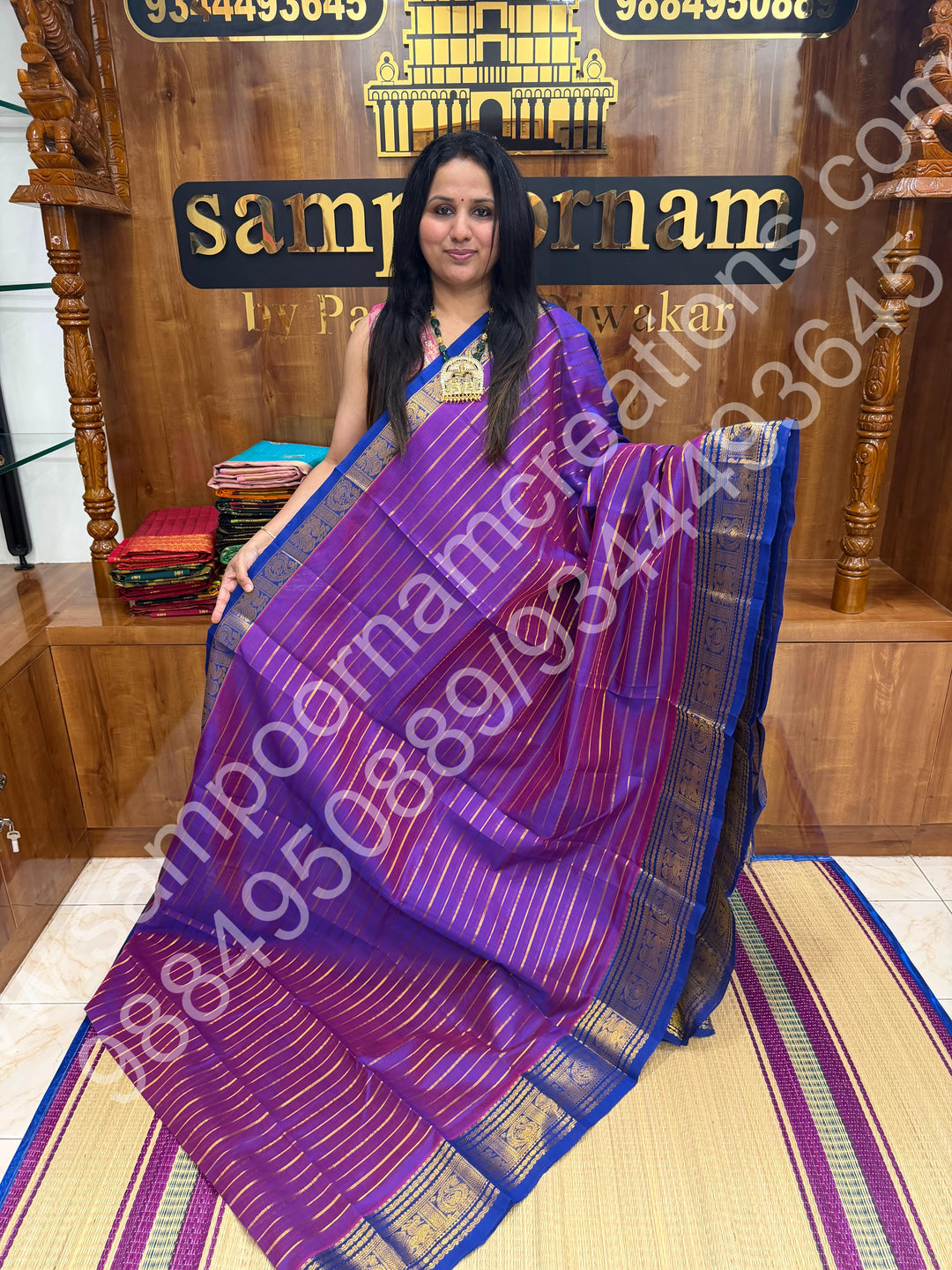Double Shaded Vadamalli with Blue , Veldhari Zari Lines in the Body , Traditional Kanchi border , Rich Pallu , Pure Silk Cotton Saree