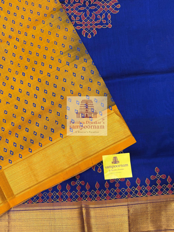 MS Blue with Mustard  , Kolam Handblock printed Sillk Cotton Saree