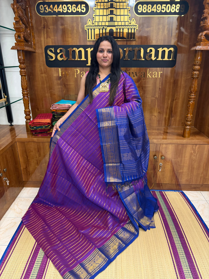 Double Shaded Vadamalli with Blue , Veldhari Zari Lines in the Body , Traditional Kanchi border , Rich Pallu , Pure Silk Cotton Saree