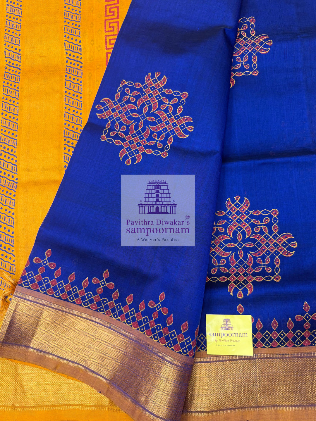 MS Blue with Mustard  , Kolam Handblock printed Sillk Cotton Saree