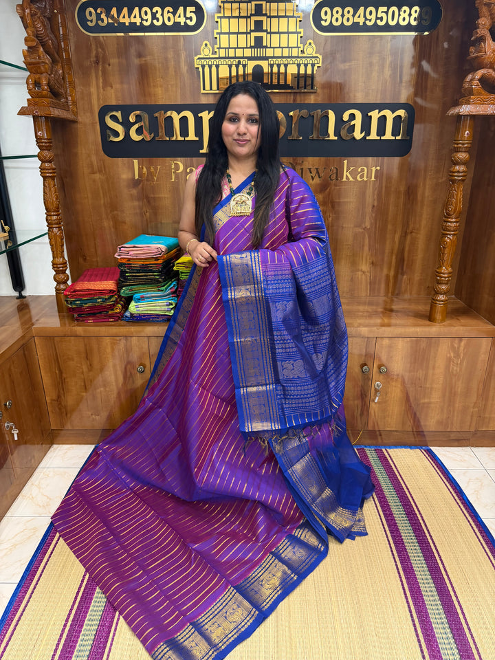 Double Shaded Vadamalli with Blue , Veldhari Zari Lines in the Body , Traditional Kanchi border , Rich Pallu , Pure Silk Cotton Saree
