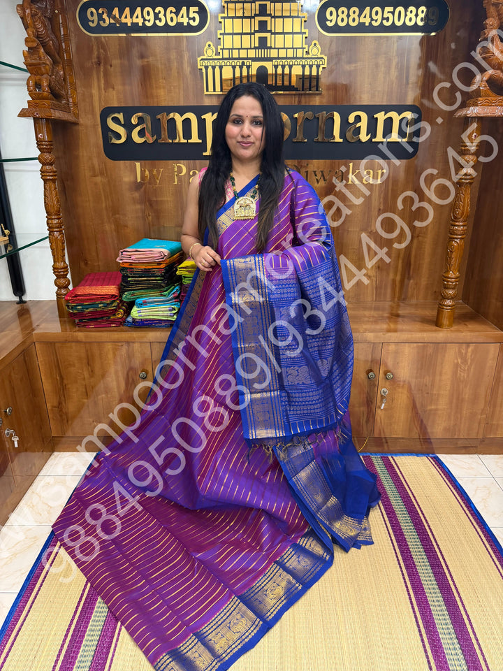Double Shaded Vadamalli with Blue , Veldhari Zari Lines in the Body , Traditional Kanchi border , Rich Pallu , Pure Silk Cotton Saree