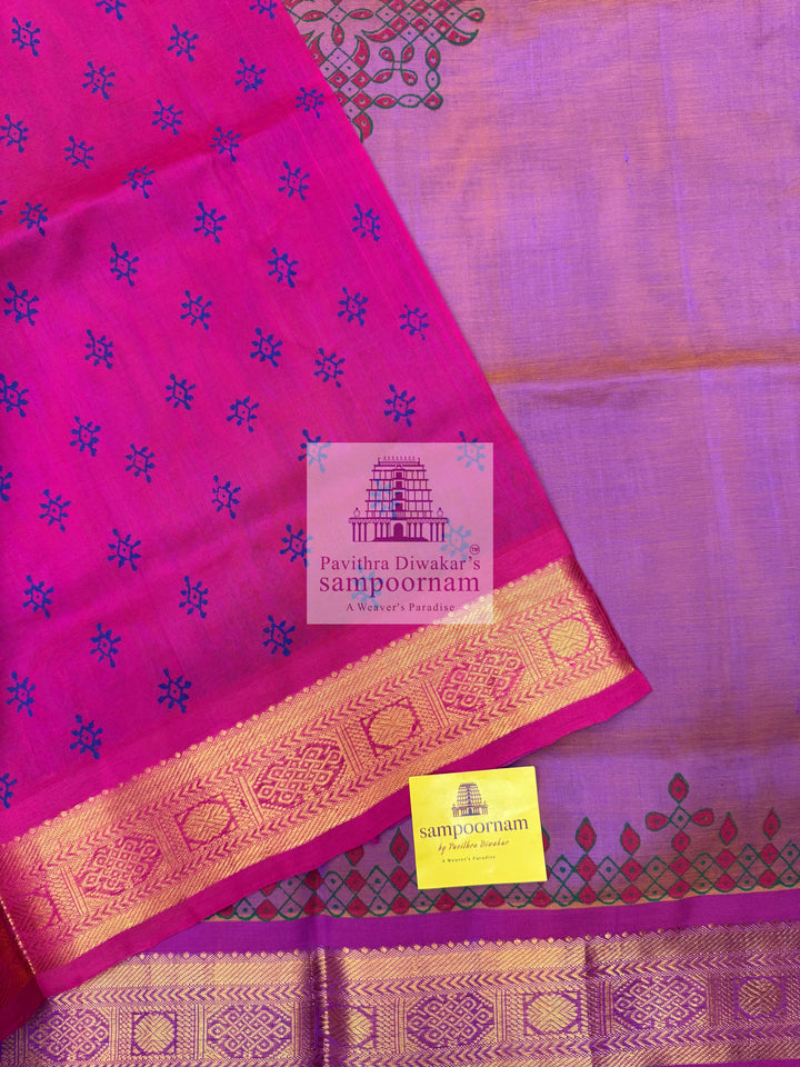 Double Shaded Lilac with Pink  , Kolam Handblock printed Sillk Cotton Saree