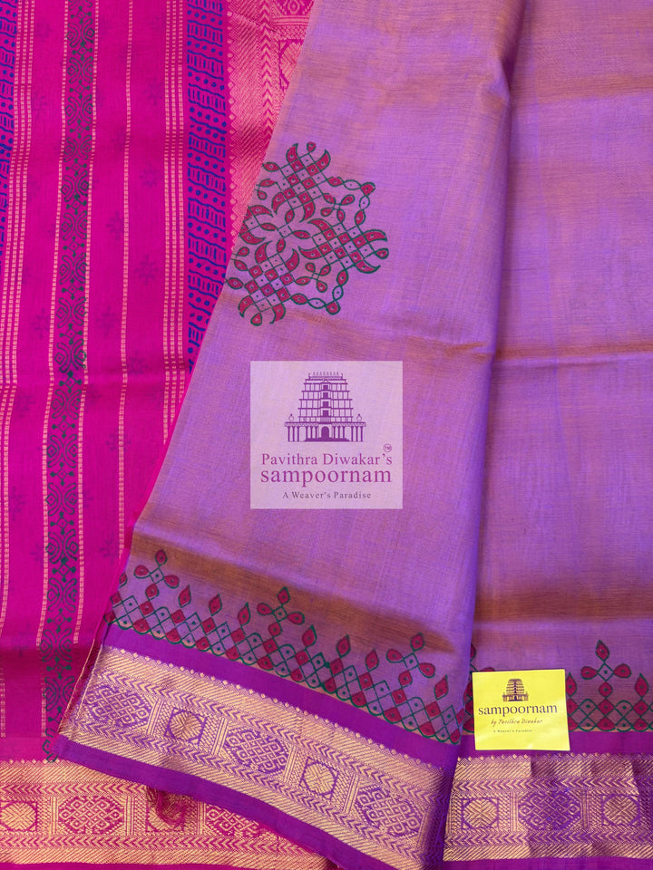 Double Shaded Lilac with Pink  , Kolam Handblock printed Sillk Cotton Saree