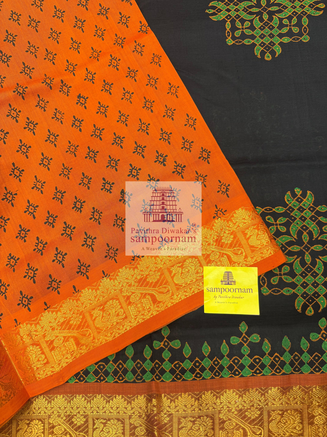 Black with Orange  , Kolam Handblock printed Sillk Cotton Saree