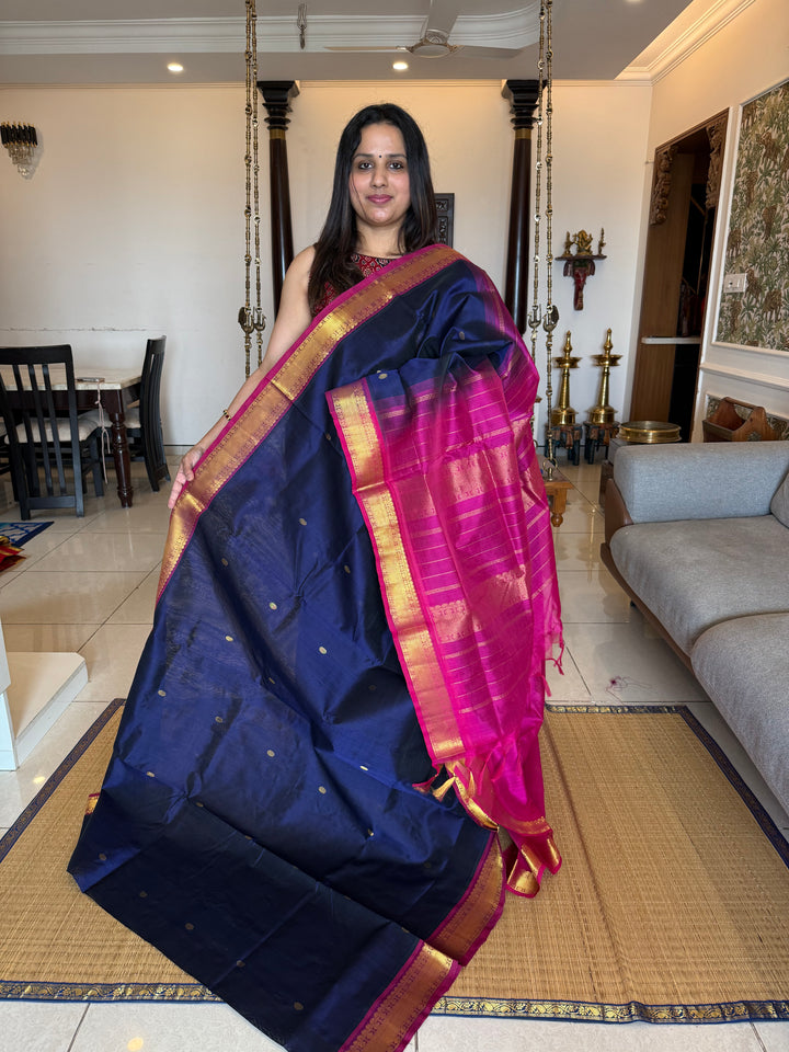 Dark Blue with Pink , Body Rich Zari Butta Traditional Borders and Rich Pallu Pure Silk Cotton Saree